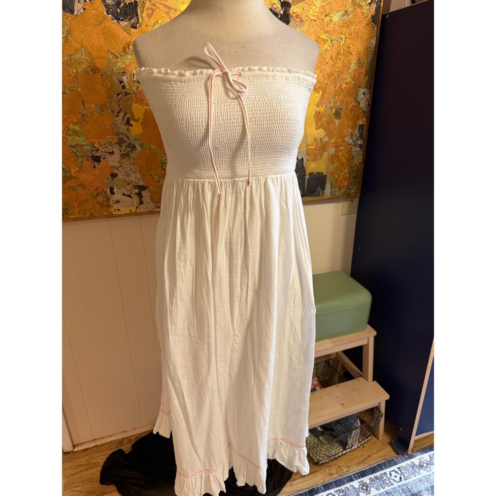 Urban Outfitters White Smocked Strapless Midi Dress Cotton Gauze Boho Large